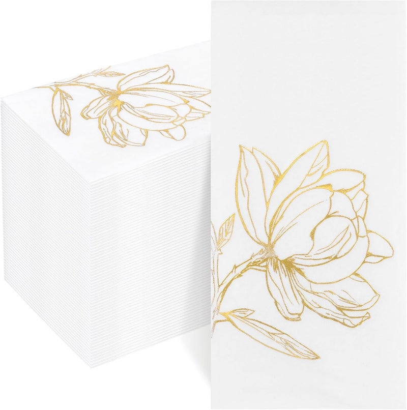 Joyido 50 Pack Gold Magnolia Napkins - Gold Floral Disposable Napkins - Cloth-Like Feel Dinner Paper - Vintage Heavy Duty Hand Towels for Bathroom Wedding Holiday Party Bridal Decorative Towels - Image 1